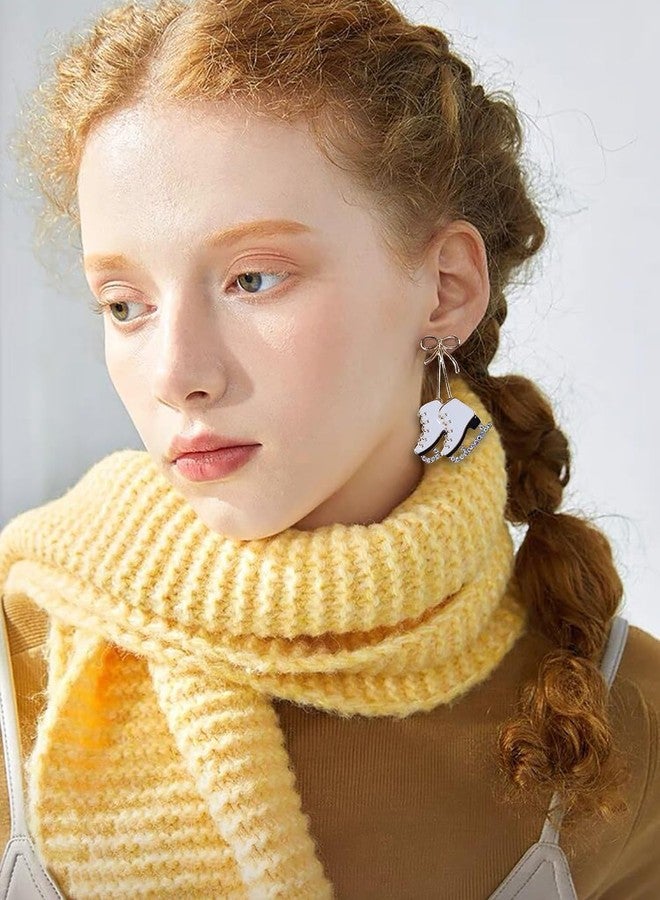 Izpack Dainty Skating Shoes Bow Knot Dangle Drop Stud Earrings Crystal Cubic Zirconia Ice Skate Dangling Statement Earring Fashion Christmas Jewelry Gifts for Skater (White) - Image 2