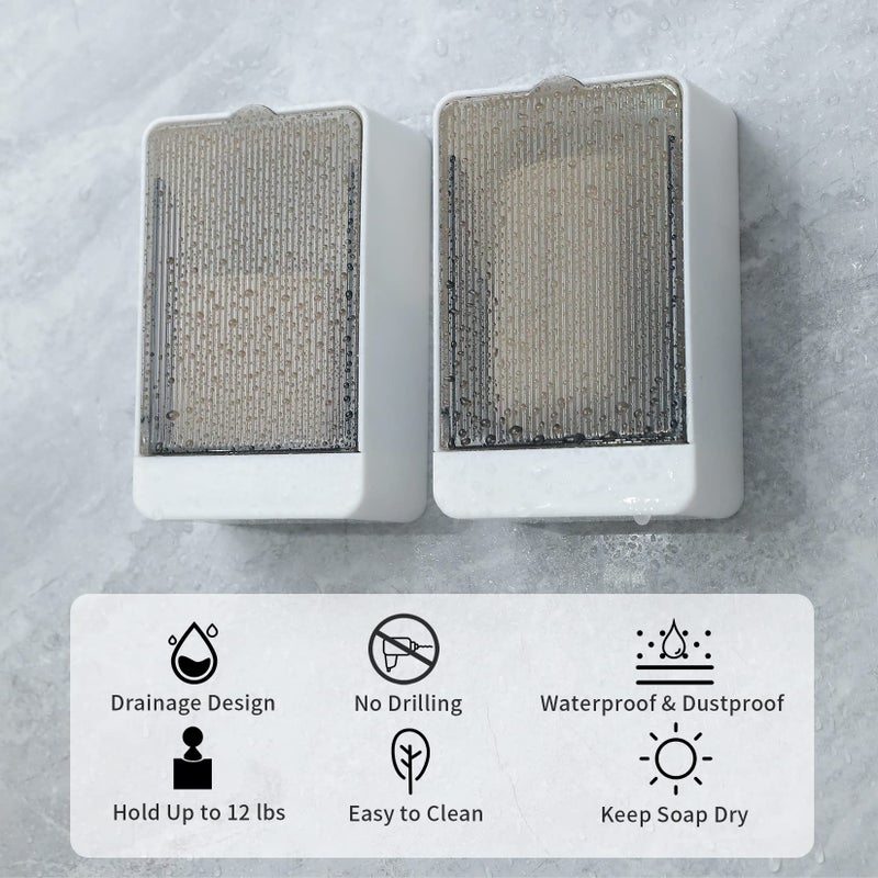 GREATIN Bar Soap Holder Dish Shower 2 PCS Self Draining Soap Container with Lid, Wall Mounted Soap Box Tray for Bathroom Bathtub Sink, Waterproof White, Adhesive Include (White) - Image 3