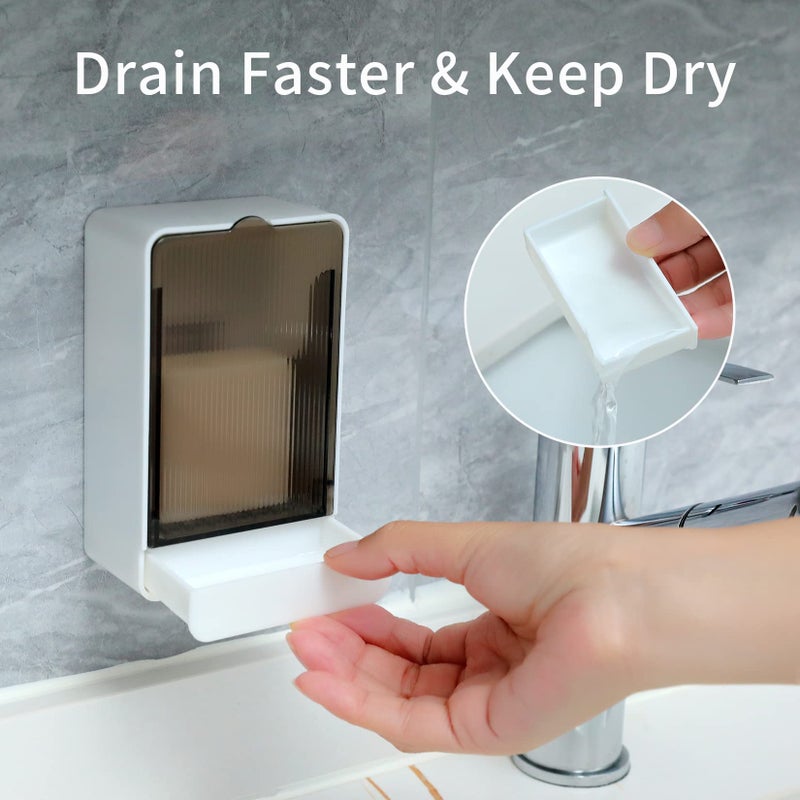 GREATIN Bar Soap Holder Dish Shower 2 PCS Self Draining Soap Container with Lid, Wall Mounted Soap Box Tray for Bathroom Bathtub Sink, Waterproof White, Adhesive Include (White) - Image 4