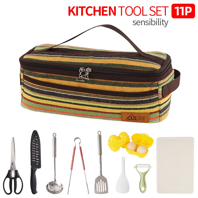 Generic Outdoor camping cooking utensils set picnic barbecue self-driving travel kitchen tools dormitory mini 11 piece kitchenware combination Green 11-piece set