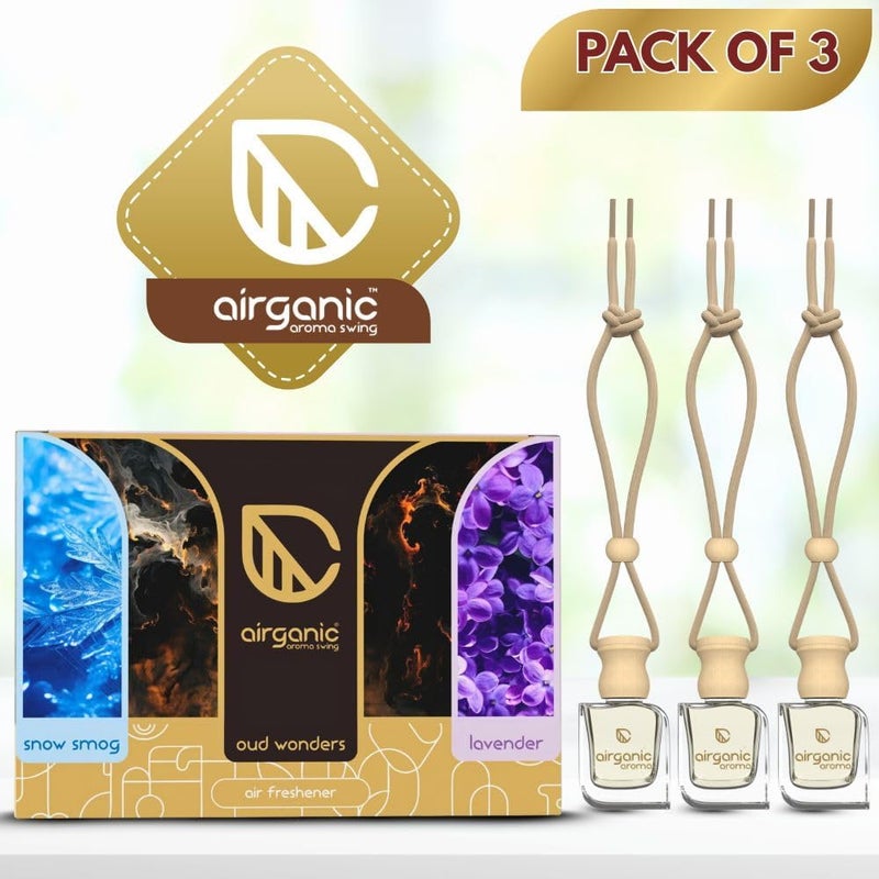 Aroma Swing Combo Offer: Oud Wonders Aroma with Essential Oils in Glass Bottle with Wooden Diffuser Lid Car Hanging Accessories Interior Oud Wonder, Lavender & Snow Smo Pack of 3 - Image 3