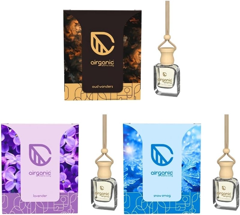 Aroma Swing Combo Offer: Oud Wonders Aroma with Essential Oils in Glass Bottle with Wooden Diffuser Lid Car Hanging Accessories Interior Oud Wonder, Lavender & Snow Smo Pack of 3 - Image 1