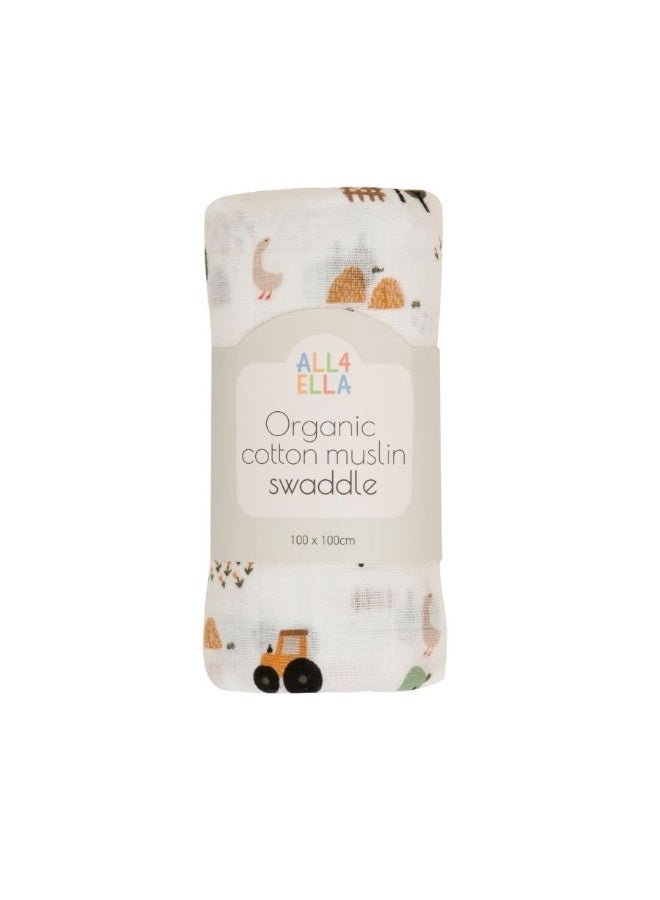 All4Ella Organic Cotton Muslin Swaddle - Country Farm - Image 1