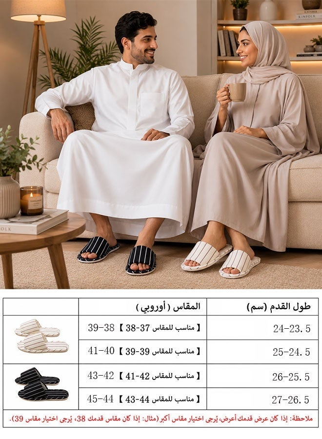 شباشب منزلية هادئة ومريحة مصنوعة من القطن والكتان المخطط، مانعة للانزلاق، مناسبة للأزواج. - Image 2