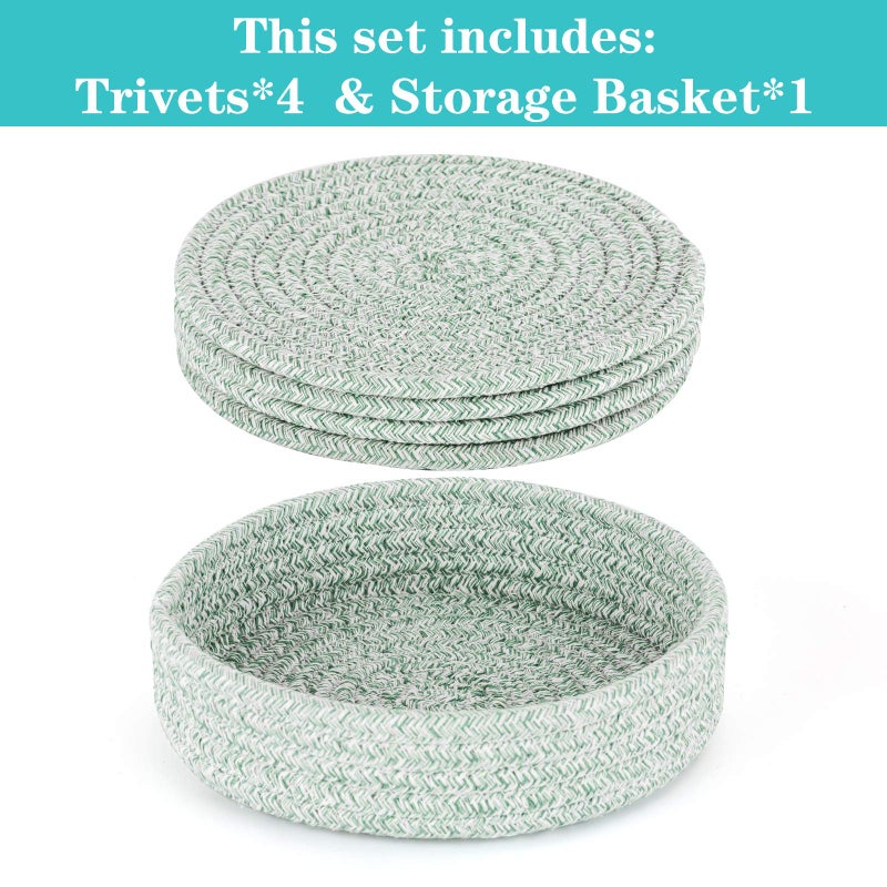 Cazzon Trivets For Hot Dishes  Pots And Pans  Hot Pads With Storage Basket  Pot Holders For Kitchen  Heat Resistant Mat Protect Counter Home Essentials  Farmhouse Decor (Green 4 Pcs) - Image 2