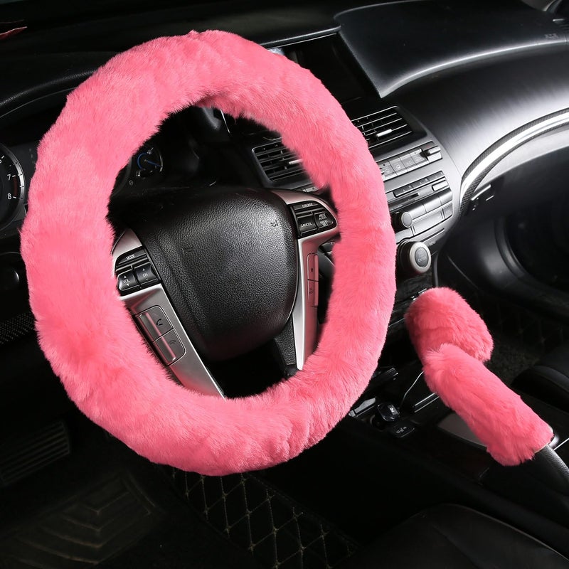 Car Steering Wheel Cover with Handbrake Cover & Gear Shift Cover CXTIY Fashion Steering Wheel Wrap Faux Wool Fluffy Soft and Warm in Winter Diameter 14.96" X 14.96" 3 Pcs 1 Set Fit Most of Car (Pink)