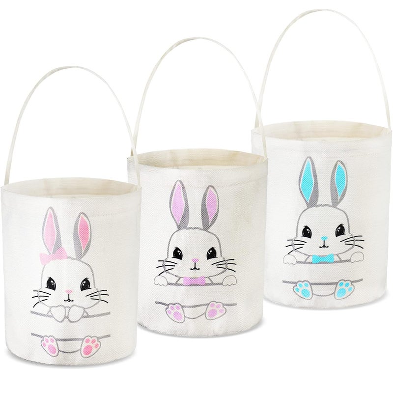 Weewooday 3 Pack Bunny Easter Basket Large Personalized Cute Easter Egg Hunt Basket with Handle DIY Canvas Rabbit Bags Buckets for Party GiftsPink Purple Blue - Image 1