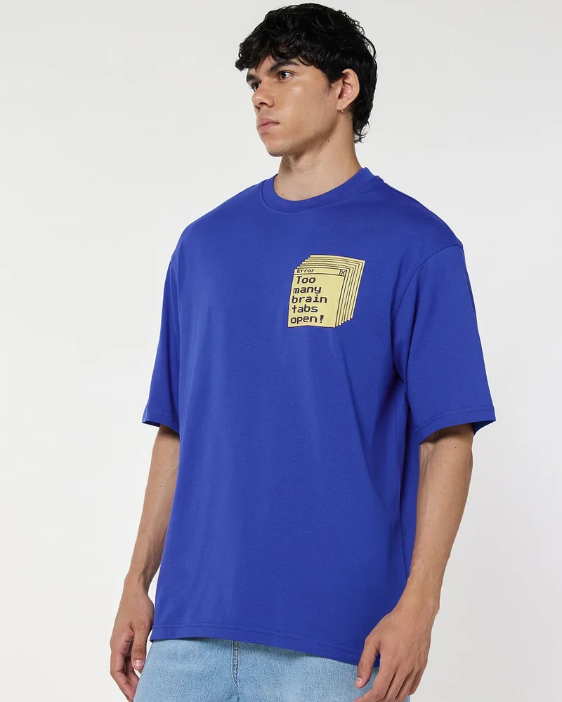 bewakoof Men's Blue Brain Tabs Graphic Printed Oversized T-shirt
