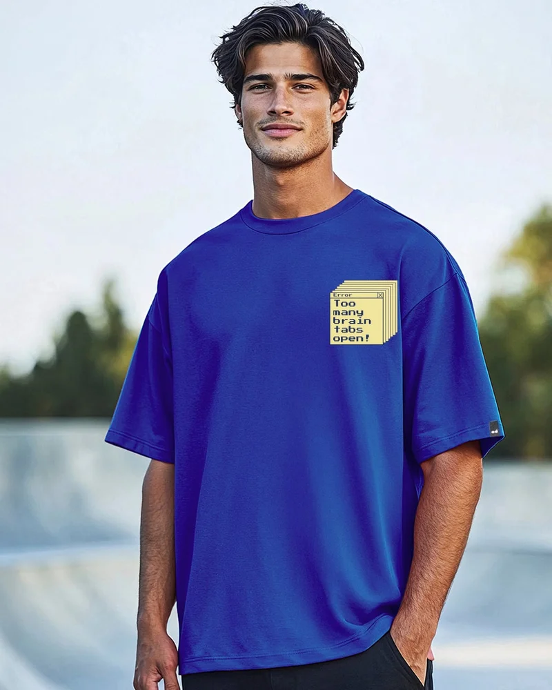 bewakoof Men's Blue Brain Tabs Graphic Printed Oversized T-shirt