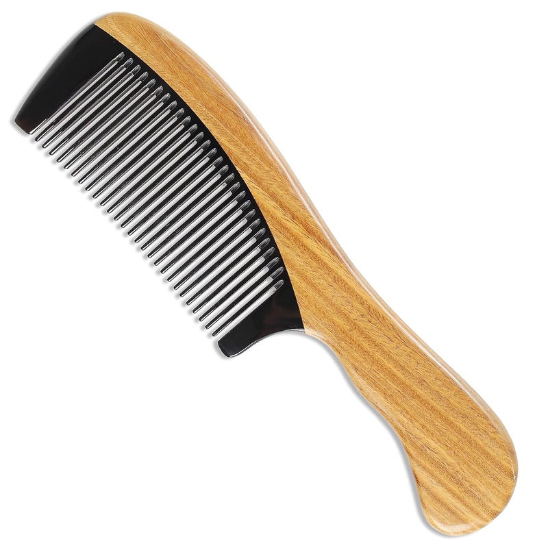 Onedor Natural Green Sandalwood Hair Comb  100 Handmade Wooden Comb with Buffalo Horn Fine Tooth AntiStatic Relieves Tension Prevents Tangled Hair and Split Ends  Unisex 7 x 3 x 2 inches