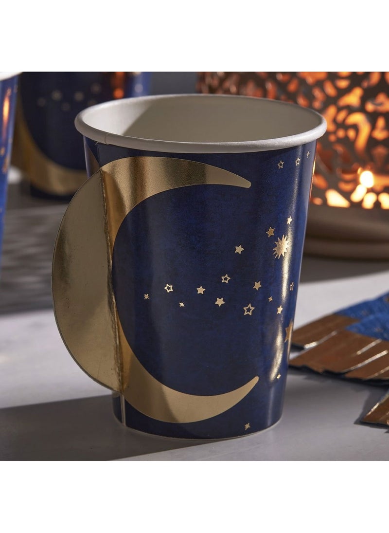 Ginger Ray Eid Mubarak Disposable Paper Cups Blue Gold 266ml 8-Pack - Image 4