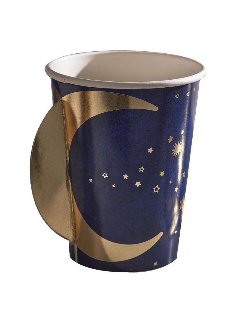 Ginger Ray Eid Mubarak Disposable Paper Cups Blue Gold 266ml 8-Pack - Image 1