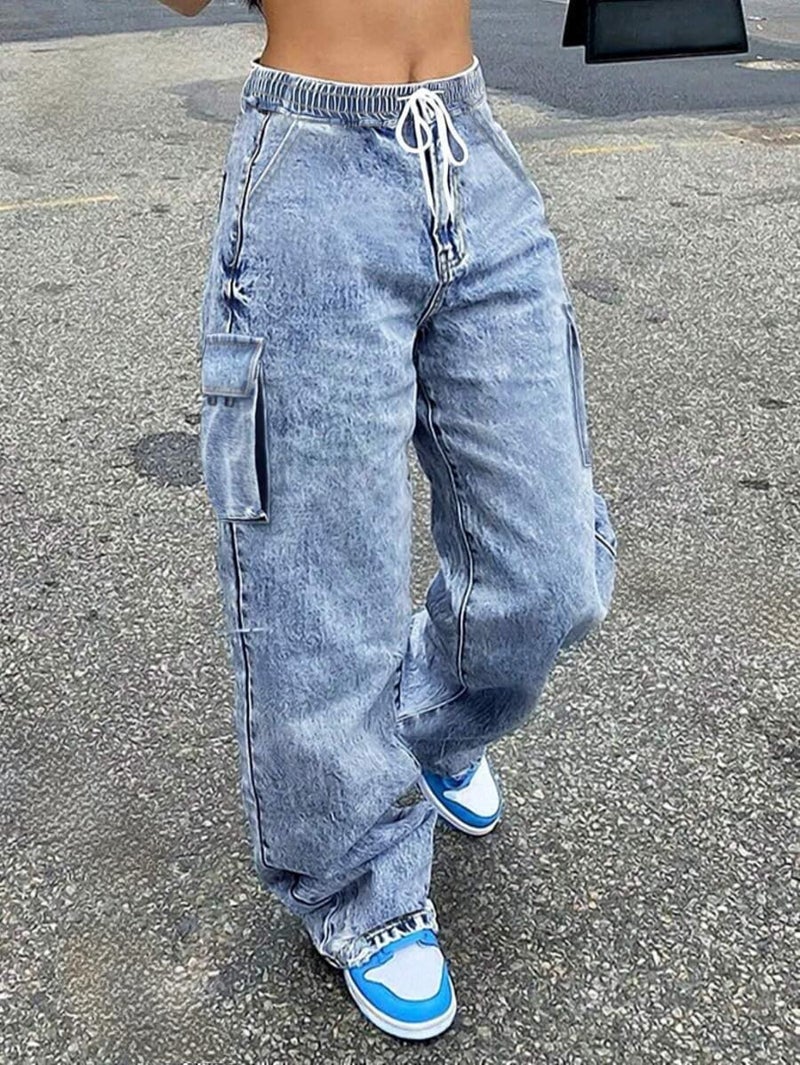 CaniBtr Baggy Jeans for Woman Drawstring High Elastic Waisted Stretchy Multi Pockets Wide Leg Denim Cargo Pants LightBlue XXL - Image 2