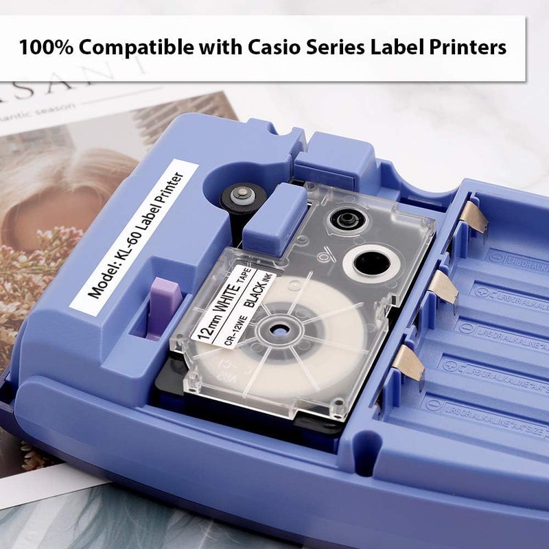 لايبل كينجدوم ملصق KINGDOM XR-12WE 12mm شريط ملصقات بديل لـ Casio XR12WE2S 1/2 بوصة أسود على أبيض متوافق مع طابعات الملصقات Casio KL-120 KL-60 KL-100 KL750B KL750 KL7200، عبوة من 3 قطع - Image 2