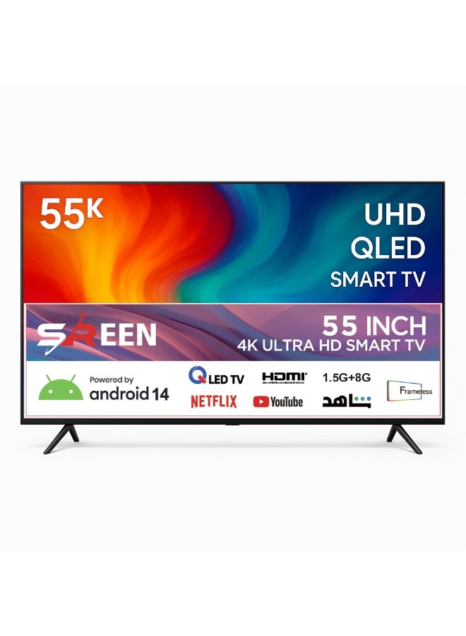 SREEN 55-Inch Frameless 4K UHD Android 14 Smart TV with Wi-Fi, HDMI, Netflix – SRET-55S4KQ2 - Image 1