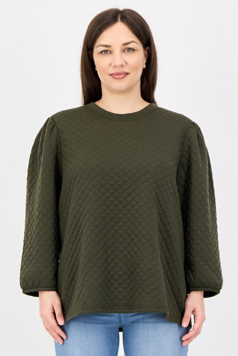 Fire & Glory Women Crew Neck Quilted Long Sleeve Sweatshirt, Dark Olive - Image 1