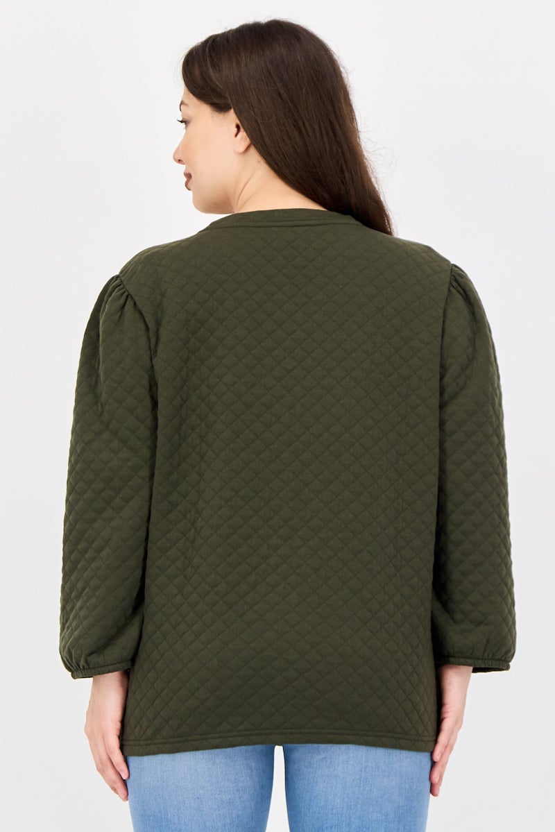 Fire & Glory Women Crew Neck Quilted Long Sleeve Sweatshirt, Dark Olive - Image 3