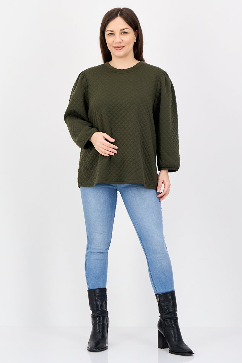 Fire & Glory Women Crew Neck Quilted Long Sleeve Sweatshirt, Dark Olive - Image 4