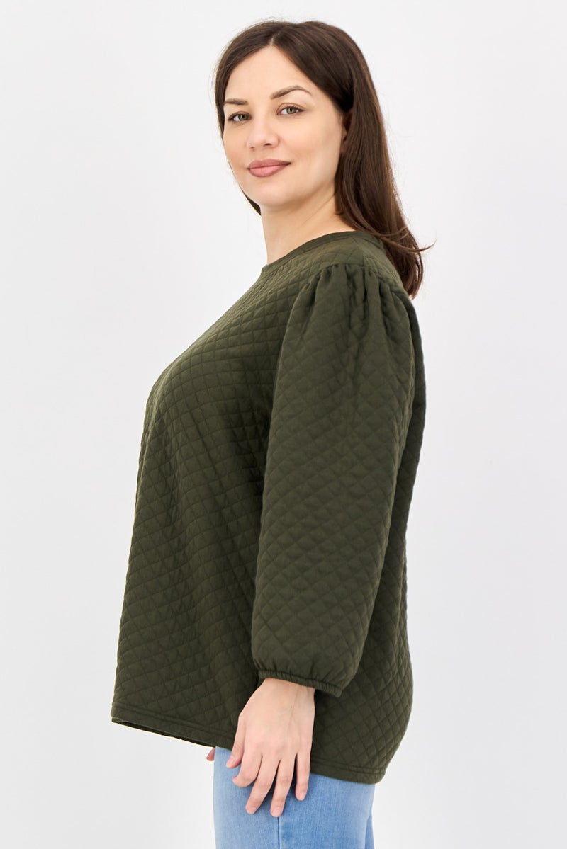 Fire & Glory Women Crew Neck Quilted Long Sleeve Sweatshirt, Dark Olive - Image 2