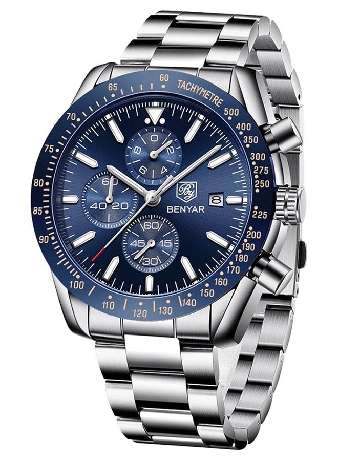 بينيار ساعة بينيار للرجال كوارتز تناظرية - 5140 كرونوغراف مقاومة للماء بسلسلة من الفولاذ المقاوم للصدأ، مناسبة كهدية عمل كاجوال للرجال - Image 2