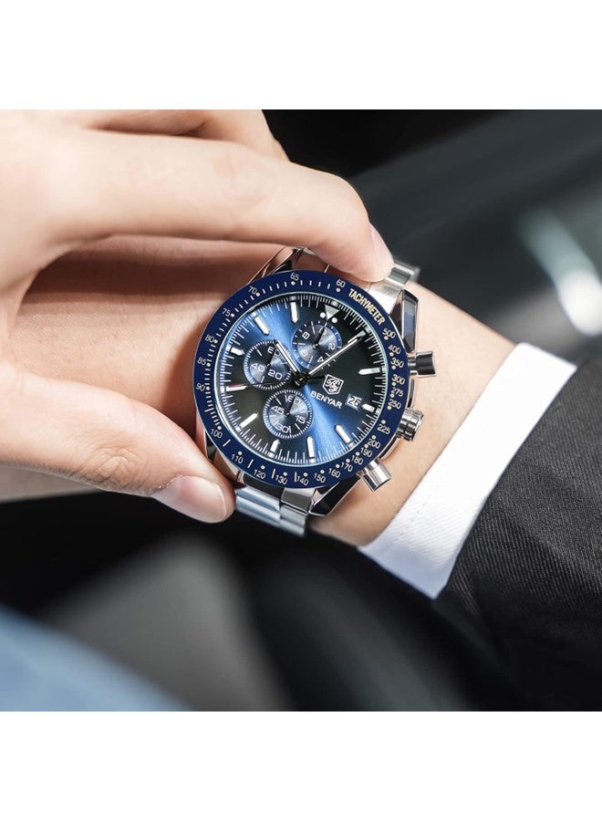 بينيار ساعة بينيار للرجال كوارتز تناظرية - 5140 كرونوغراف مقاومة للماء بسلسلة من الفولاذ المقاوم للصدأ، مناسبة كهدية عمل كاجوال للرجال - Image 3