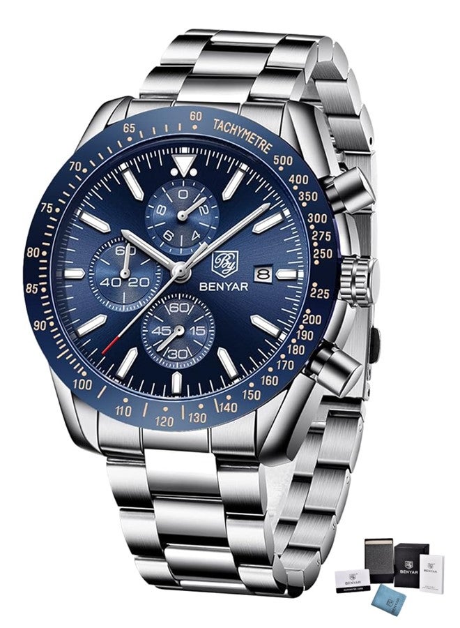 بينيار ساعة بينيار للرجال كوارتز تناظرية - 5140 كرونوغراف مقاومة للماء بسلسلة من الفولاذ المقاوم للصدأ، مناسبة كهدية عمل كاجوال للرجال - Image 1