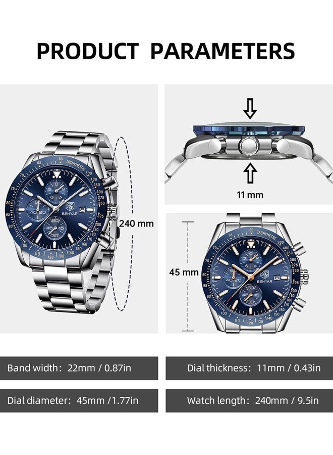 بينيار ساعة بينيار للرجال كوارتز تناظرية - 5140 كرونوغراف مقاومة للماء بسلسلة من الفولاذ المقاوم للصدأ، مناسبة كهدية عمل كاجوال للرجال - Image 5