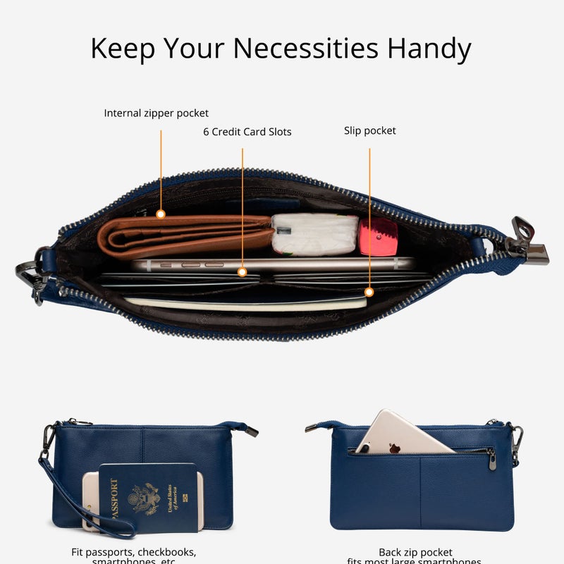 Bveyzi Genuine Leather Wristlet Purses for Women, Envelope Clutch Wallet Small Crossbody Bags for Dressy Evening (Navy Blue) - Image 2