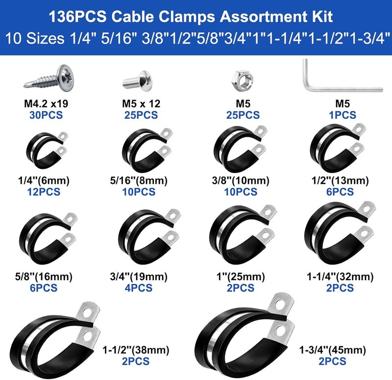 Taiss 136PCS Cable Clamps Assortment Kit 304 Stainless Steel Rubber Cushion Pipe Clamps 10 Sizes 1/4" 5/16" 3/8" 1/2" 5/8" 3/4" 1" 1-1/4" 1-1/2" 1-3/4" Metal Wire Clamps (with Two Kinds of Screws) - Image 2