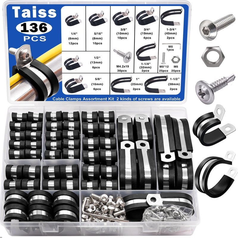 Taiss 136PCS Cable Clamps Assortment Kit 304 Stainless Steel Rubber Cushion Pipe Clamps 10 Sizes 1/4" 5/16" 3/8" 1/2" 5/8" 3/4" 1" 1-1/4" 1-1/2" 1-3/4" Metal Wire Clamps (with Two Kinds of Screws) - Image 1