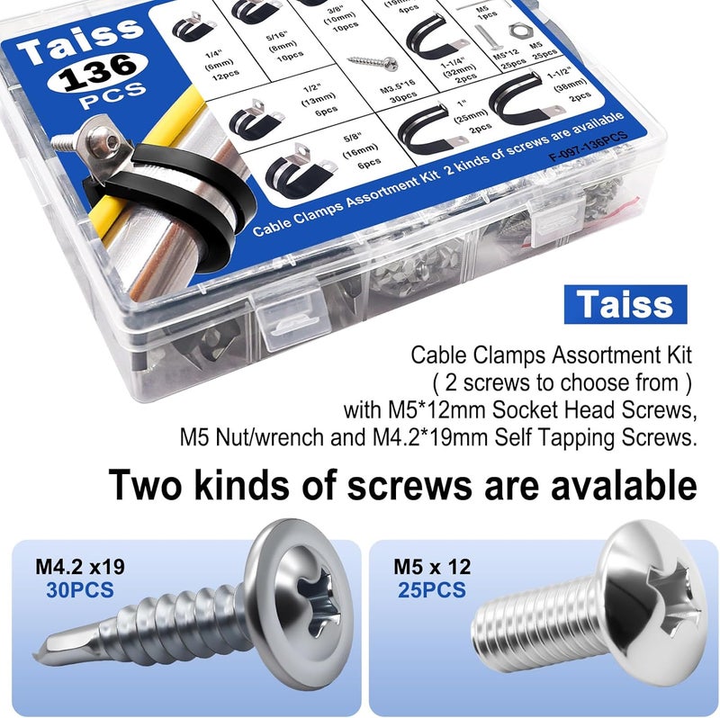 Taiss 136PCS Cable Clamps Assortment Kit 304 Stainless Steel Rubber Cushion Pipe Clamps 10 Sizes 1/4" 5/16" 3/8" 1/2" 5/8" 3/4" 1" 1-1/4" 1-1/2" 1-3/4" Metal Wire Clamps (with Two Kinds of Screws) - Image 4