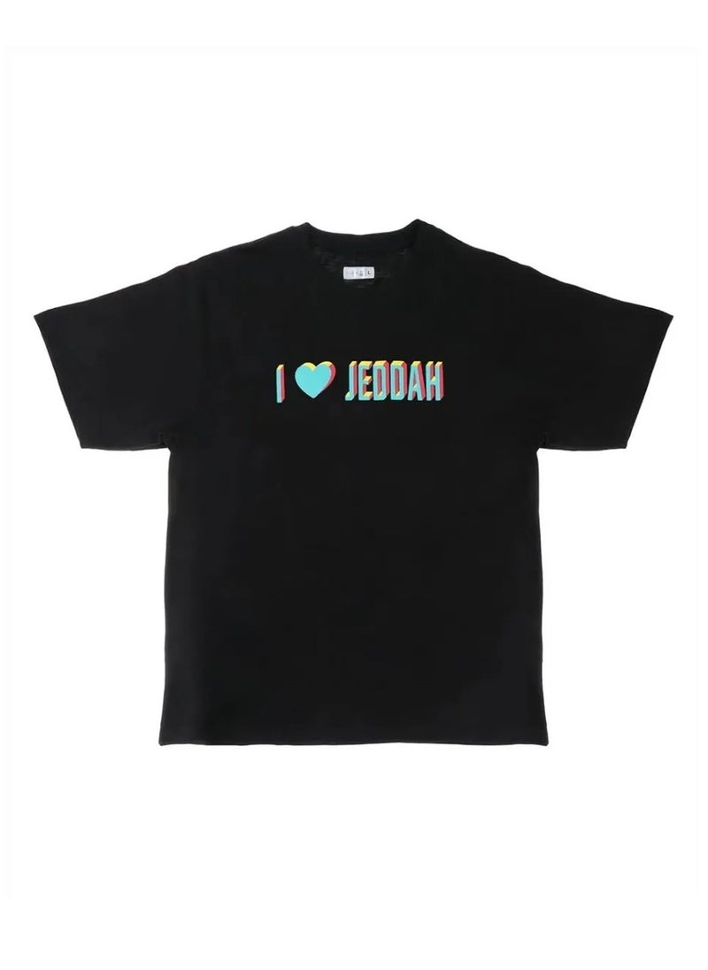 SHABABUNA x HNAK - Cotton T-shirt from the Love collection by Shababuna X Hnak - printed with the phrase “I Love Jeddah” | Made of 100% cotton, Short sleeves and a round neck | Original Saudi products | Black - Image 1
