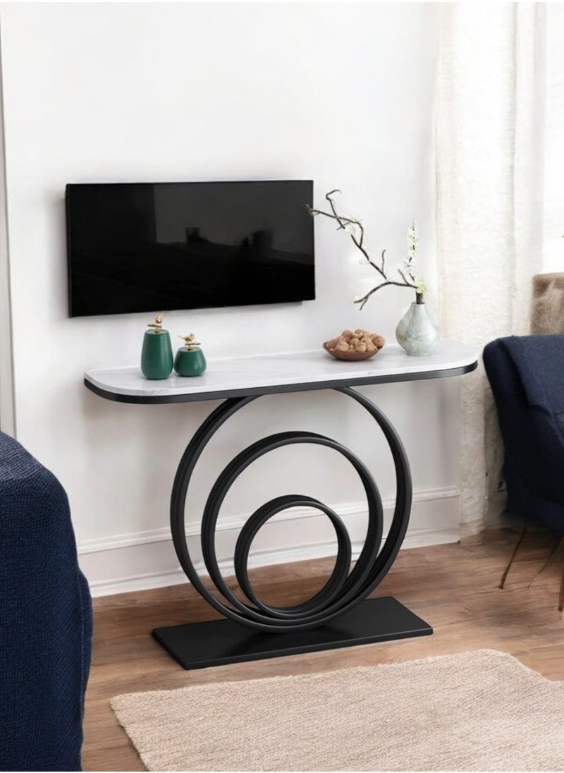 fan baytk - The Black Modern Entryway is a piece of furniture that combines elegance and practicality. With dimensions of 110 cm length x 90 cm height x 30 cm width, this entryway provides ideal storage space for everyday items, and can also be used to display flowers or decorative items, adding a distinctive aesthetic touch to any interior space. Its modern design is in harmony with high-quality materials, making it easy to maintain and ensuring that its attractive appearance is maintained. With a unique visual balance between black iron and marble wood, this entryway is a great attraction that enhances the aesthetics of your home. - Image 1