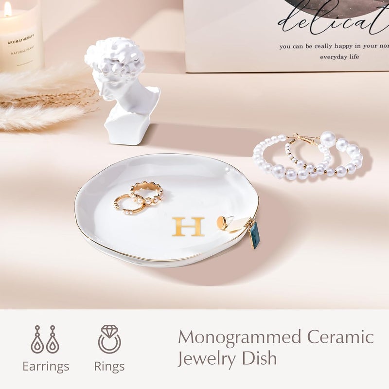 Procase Ceramic Jewelry Tray, Initial Ring Dish Trinket Plate Engagement Gift, Small Personalized Monogram Ring Bowl for Wedding, White Decorative Jewelry Holder for Women Vanity -Letter H - Image 2