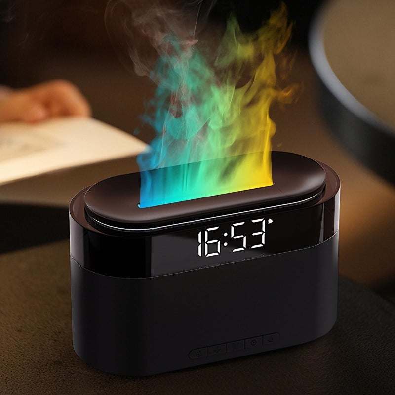 Holwim Aroma Diffuser with Flames & Digital Clock, 7 Colors Light Effect Fragrance Oil Diffuser, 150ml Humidifier with Remote Control, Clock Function, Timer, Waterless Auto-Off (Black) - Image 1