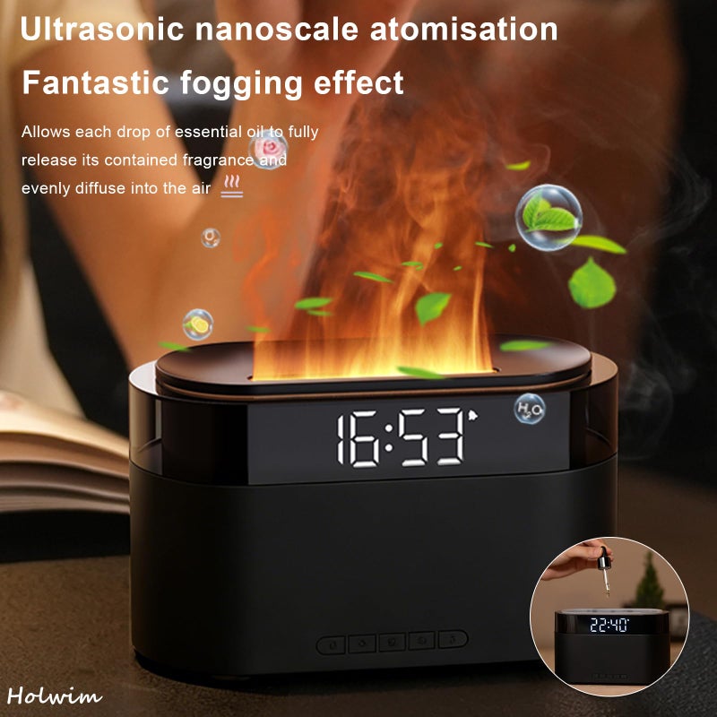 Holwim Aroma Diffuser with Flames & Digital Clock, 7 Colors Light Effect Fragrance Oil Diffuser, 150ml Humidifier with Remote Control, Clock Function, Timer, Waterless Auto-Off (Black) - Image 3