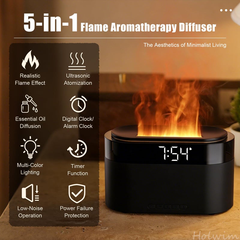 Holwim Aroma Diffuser with Flames & Digital Clock, 7 Colors Light Effect Fragrance Oil Diffuser, 150ml Humidifier with Remote Control, Clock Function, Timer, Waterless Auto-Off (Black) - Image 2