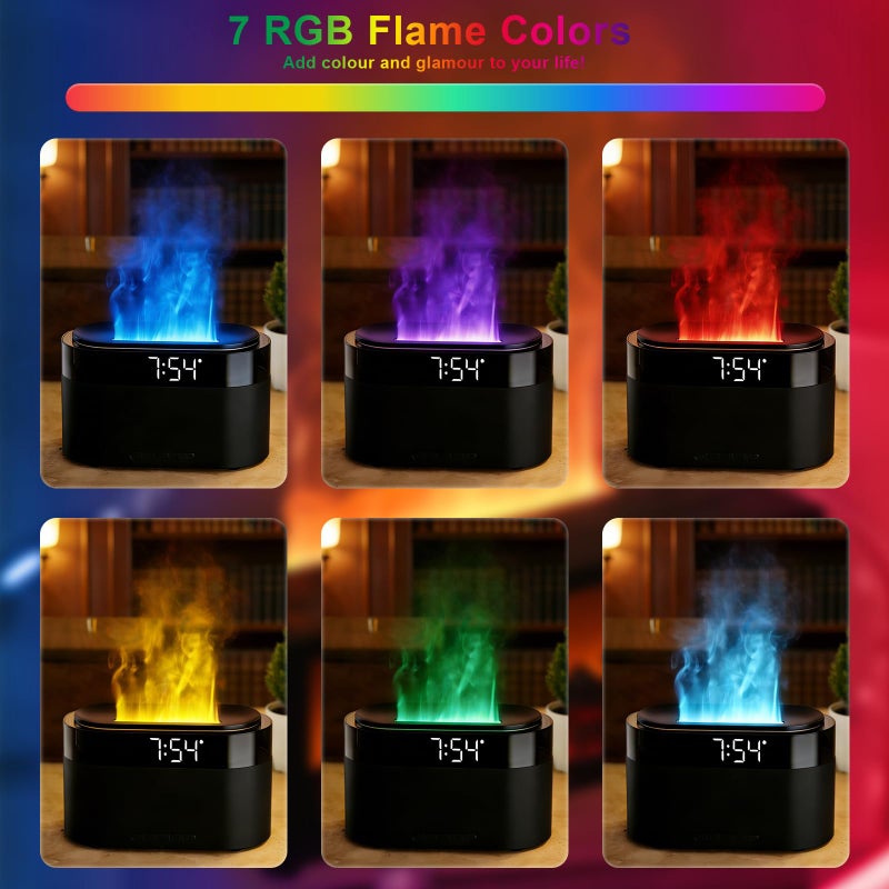 Holwim Aroma Diffuser with Flames & Digital Clock, 7 Colors Light Effect Fragrance Oil Diffuser, 150ml Humidifier with Remote Control, Clock Function, Timer, Waterless Auto-Off (Black) - Image 4