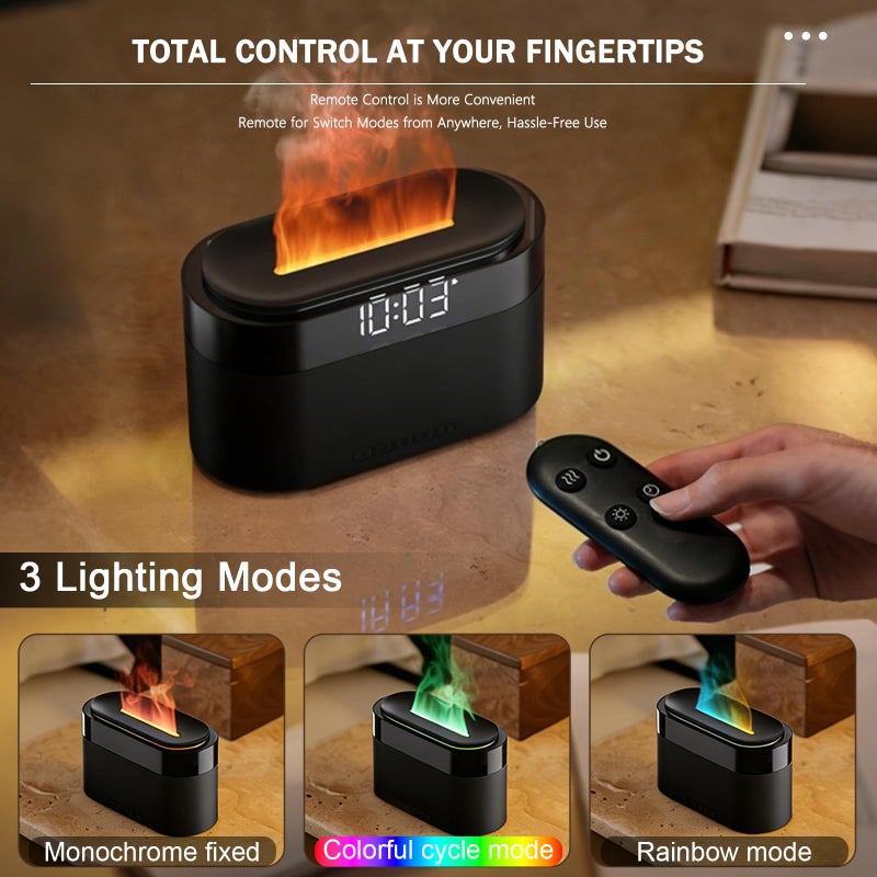 Holwim Aroma Diffuser with Flames & Digital Clock, 7 Colors Light Effect Fragrance Oil Diffuser, 150ml Humidifier with Remote Control, Clock Function, Timer, Waterless Auto-Off (Black) - Image 5