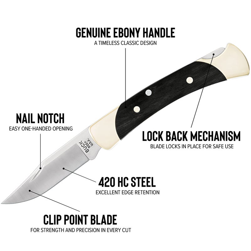 Buck Knives The 55 Folding Pocket Knife 2-3/8" 420HC Steel Clip Blade, Ebony Handle, Brass Bolsters - Image 5