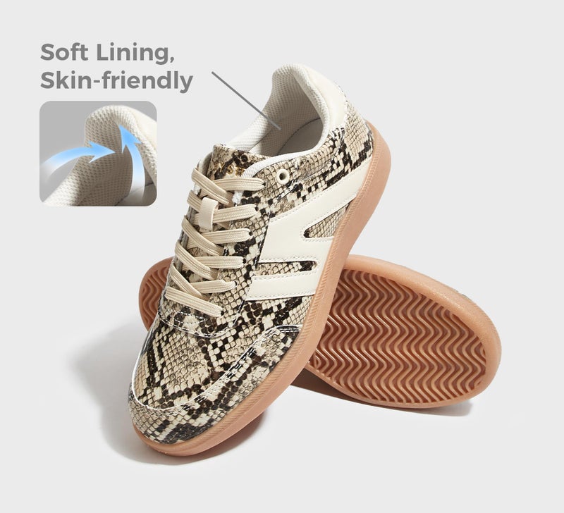 LUCKY STEP Women Classic Retro Gum Sole Fashion Sneakers Casual Tennis Skate Shoe Genuine Leather Walking Footwear Anti Slip Trainers(Beige Snake,11) - Image 5