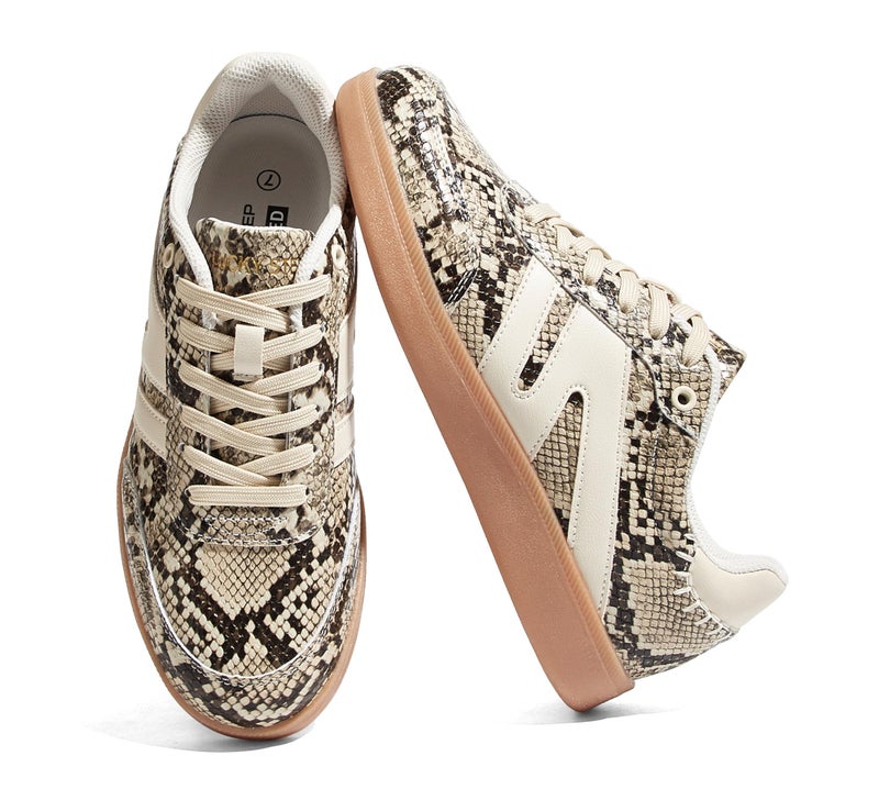 LUCKY STEP Women Classic Retro Gum Sole Fashion Sneakers Casual Tennis Skate Shoe Genuine Leather Walking Footwear Anti Slip Trainers(Beige Snake,11) - Image 1