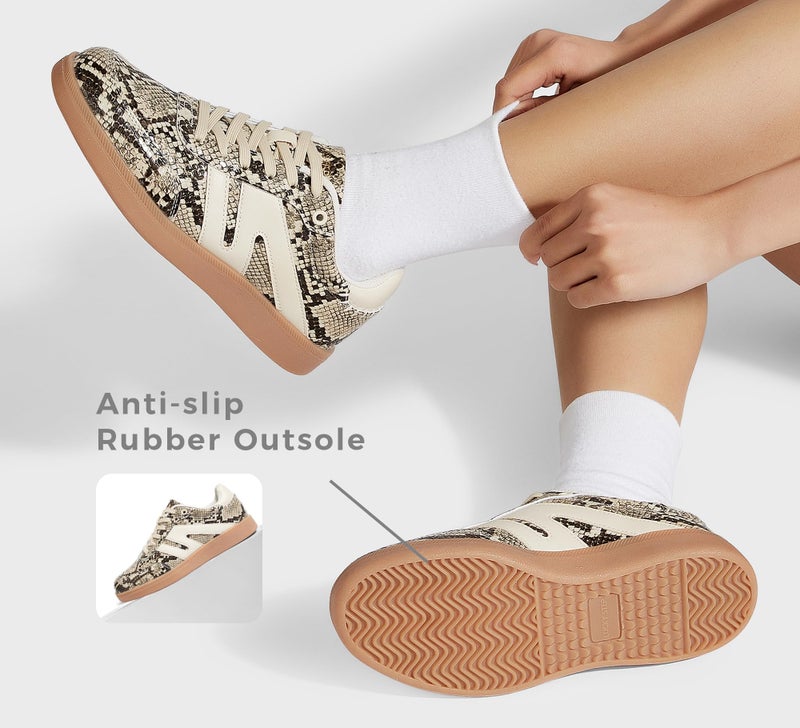 LUCKY STEP Women Classic Retro Gum Sole Fashion Sneakers Casual Tennis Skate Shoe Genuine Leather Walking Footwear Anti Slip Trainers(Beige Snake,11) - Image 4