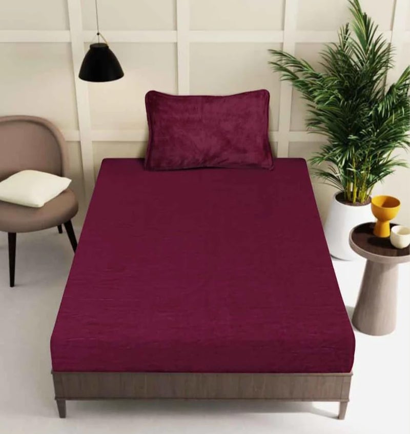 S&S Sands® Elastic Warm Bedsheet for Winter Single Bed 36 x 78 x 8 inches, with 1 Pillow Cover. (Wine Single Woolen) - Image 1