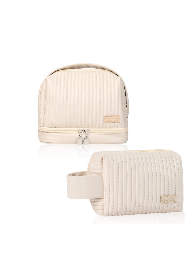 2 Pack Waterproof PU Leather Makeup Bag Set, Large Capacity Travel Cosmetic Organizer with Zipper, Portable Toiletry Case for Women and Girls - Image 1