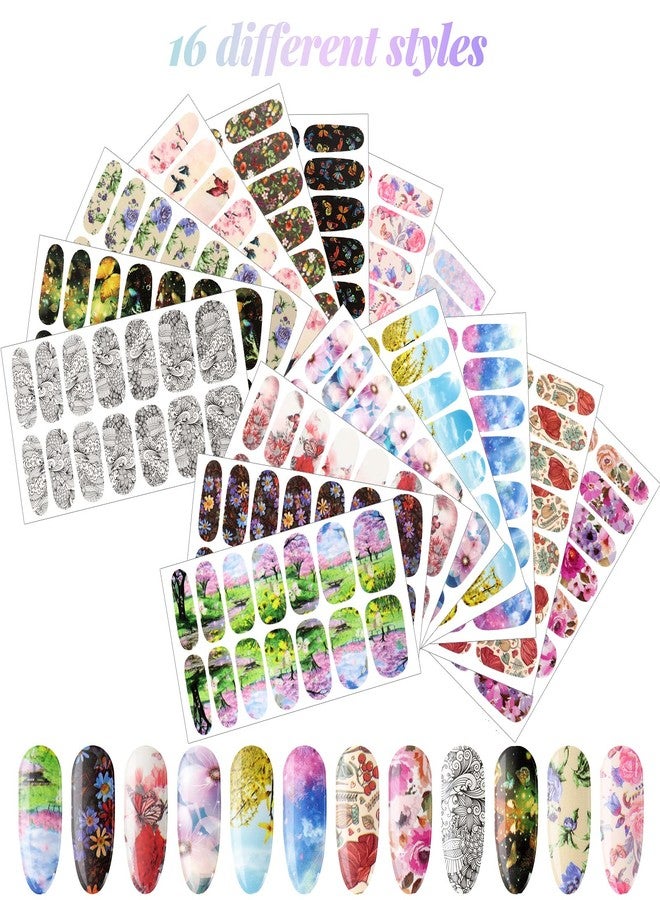 Maitys 224 Pieces 16 Sheets Flower Full Wrap Nail Polish Stickers Self Adhesive Nail Wraps Nail Decals Nail Polish Sticker Butterfly Flower Nail Decals for Women Nail Decoration - Image 2