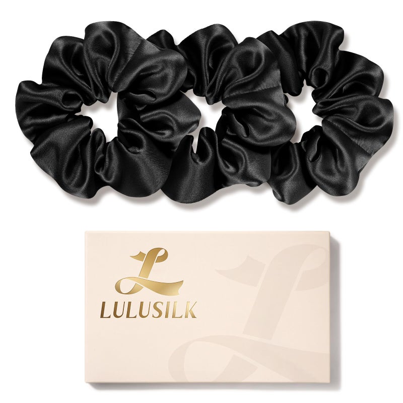 LULUSILK Silk Scrunchies for Hair Sleep, 100% Real Mulberry Silk, No Damage Hair Ties for Women and Girls, Classic Black, Pack of 3 - Image 1
