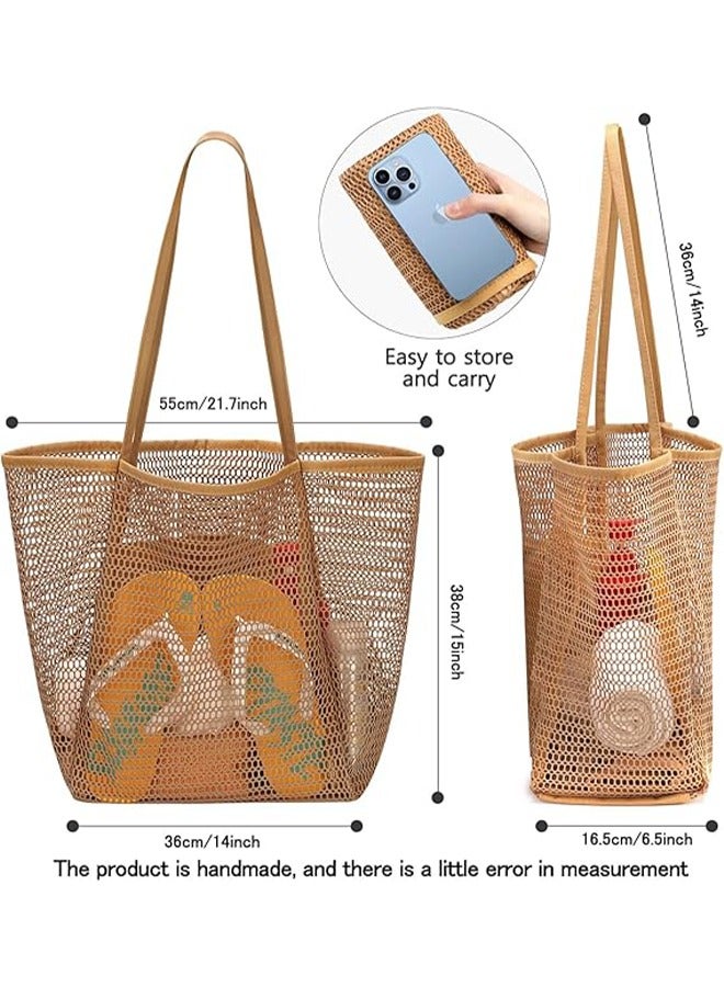 HY Mesh Beach Bag for Women, Large Tote Bag Lightweight Foldable Beach Tote with Zipper Pocket for Women Vacation Beach Pool Trip - Image 2