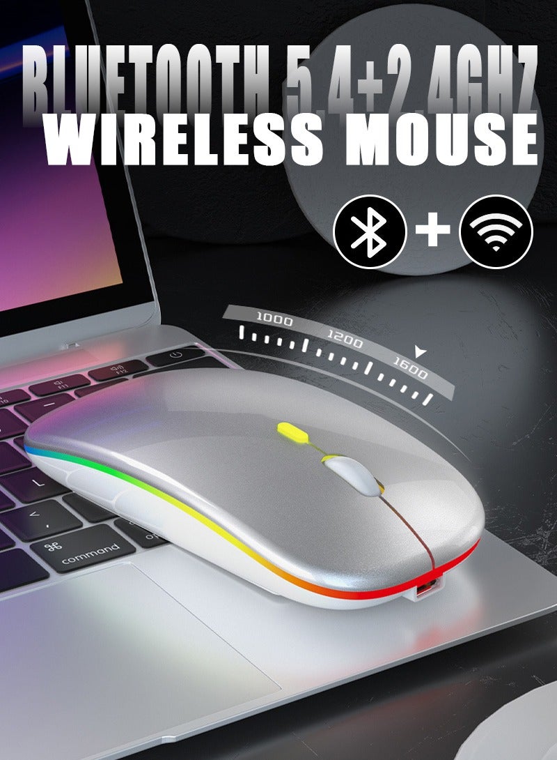 Wireless Mouse Dual Mode Bluetooth Mouse 5.4 & USB 2.4G Rechargeable Silent Bluetooth Wireless Mouse for PCs, Laptops, Tablets, Cell Phones,3 Adjustable DPI with RGB Lights