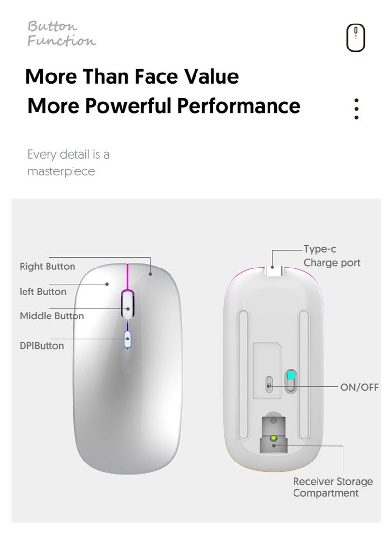 Wireless Mouse Dual Mode Bluetooth Mouse 5.4 & USB 2.4G Rechargeable Silent Bluetooth Wireless Mouse for PCs, Laptops, Tablets, Cell Phones,3 Adjustable DPI with RGB Lights - Image 5
